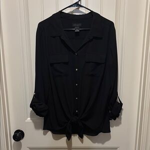 Investments Black 3/4 Sleeve Button Down Shirt with Tie Front
